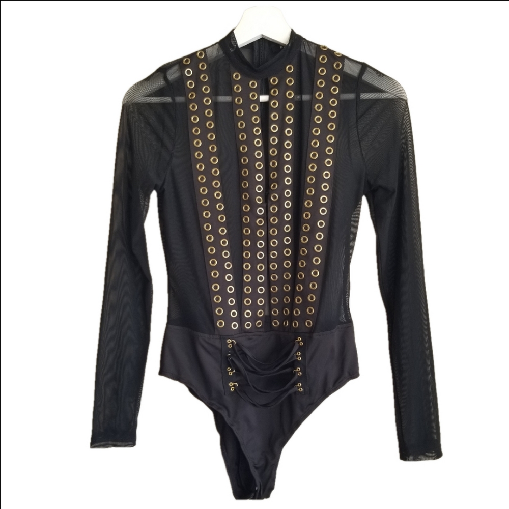 BANJUL Sheer Black Bodysuit Deep V Keykole Neckline Gold Rivets EUC Size Medium